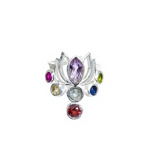 Bague en argent sterling 925 Lotus 7 chakras, multi-pierres, faite à la main, bague spirituelle, fabricant de bijoux en gros - Product Image 1