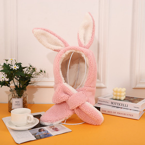 Bonnet une pièce pour enfants automne-hiver, avec oreilles de lapin mignonnes, écharpe intégrée – motif dessin animé, extérieur, peluche épaisse, vente en gros - Product Image 2