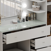 Table de toilette moderne avec miroir éclairé LED, réglable en hauteur, grand rangement, meuble de salle de bain ou de chambre à coucher