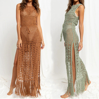 GX9702 vente en gros de cache-Bikini Style sans manches pour femmes, ajouré Crochet frange, robes tricotées à franges, robe de plage longue