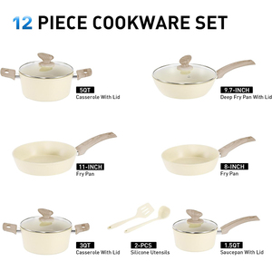High Quality Ceramic Coated Non-Stick <b>Pots</b> Wooden Soft Touch Handle 12-Piece Beige Aluminum Induction Forged Cookware Set - Product Image 2