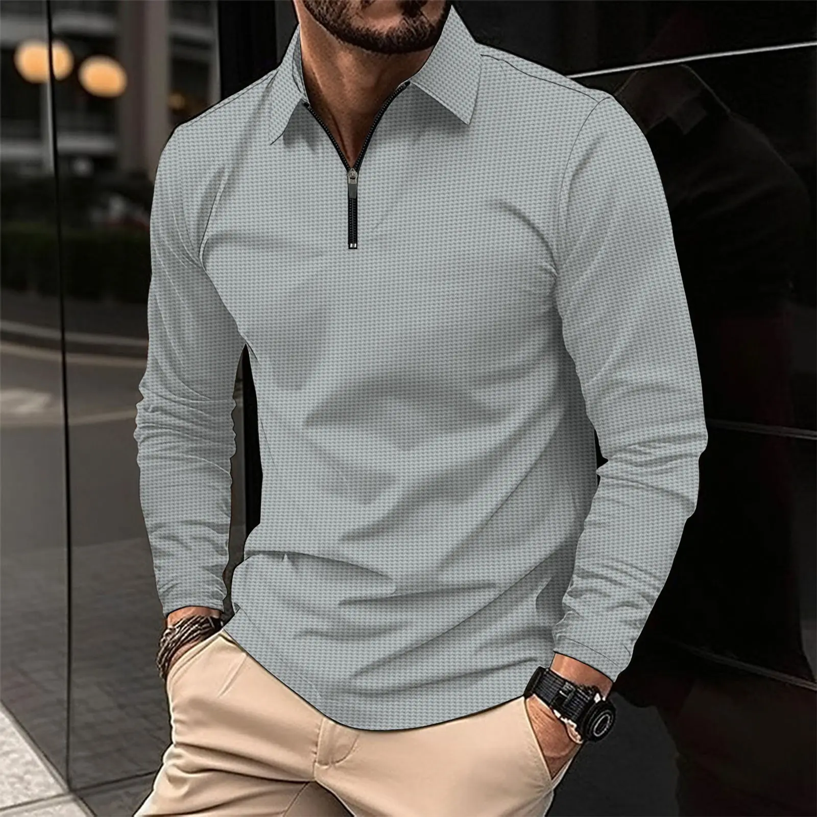 Custom made high quality men's clothing lapel fashion solid color waffle long sleeve men's t-shirt polo
