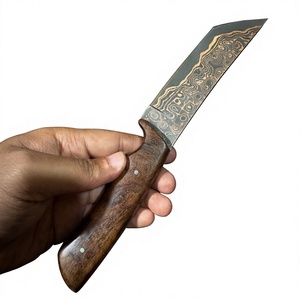 Cuchillo de Hoja Fija de Acero Damasco y Cobre con Mango de Madera, Personalizable, para Caza, Camping y Supervivencia, Punta de Gota, Dureza 58-60, Garantía de 3 Años - Product Image 3