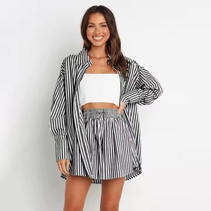Nuova Moda Primavera Estate: Completo Due Pezzi <span class=keywords><strong>Taglie</strong></span> Forti per <span class=keywords><strong>Donna</strong></span>, Outfit Coordinato a Righe con Camicia a Maniche Lunghe e Pantaloncini - Product Image 4