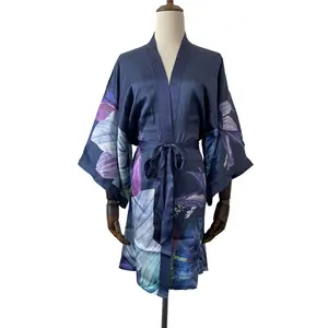 Kimono en soie personnalisé pour femmes, robe de plage ample, robe courte, chemisiers décontractés, hauts pour femmes