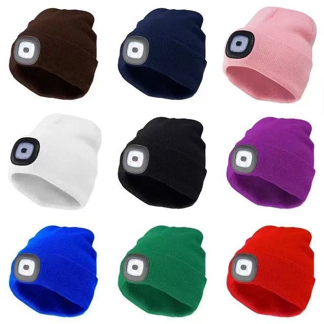 USB Rechargeable LED Night Run Headlight Beanie Outdoor Knit Cap Fashion Silk Screen Printed Acrylic Men Women Promotional