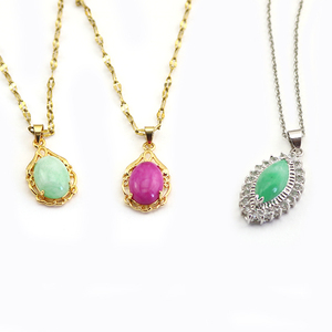 HY0020精致别致的天然绿色紫红色CZ铺路椭圆形侯爵夫人玉吊坠不锈钢项链女士 - Product Image 1