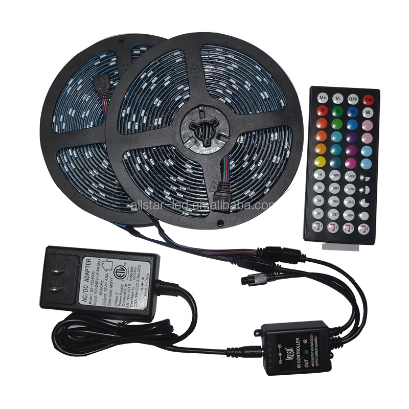 Tira Flexible de luces LED RGB 5050, Kit de iluminación con controlador de música de 44 teclas, fuente de alimentación de 24V y 5A, cambio de Color, impermeable, 32,8 pies, 10M