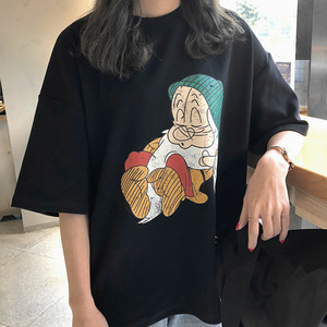 Korean Style Cartoon Printed T-Shirt For Women Gray Loose Fit Casual Top Split Hem Jersey Fabric Daily Wear - Product Image 3