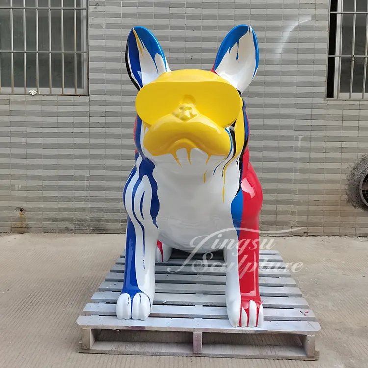Outdoor Decoratie Aangepaste Kleur Grote Hars Glasvezel Franse Bulldog Standbeeld