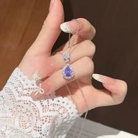 Collier pour femme plaqué argent bleu poudré avec pendentif goutte d'eau et zircon violet tendance, chaîne à maillons, cadeau haut de gamme