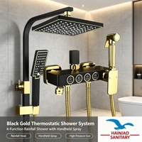 Système de douche de salle de bain d'hôtel carré traditionnel noir et or, thermostatique chaud/froid, avec jets et robinets de bain effet pluie, style européen moderne