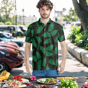 Men's Black Green <b>Fern</b> <b>Print</b> Polo Shirt Short Sleeve Casual Breathable Polyester Woven Design - Product Image 2