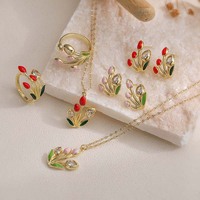 Parure de bijoux élégante florale en cuivre, zircon doré, motif tulipe, pour femmes et enfants : boucles d'oreilles, collier et bague
