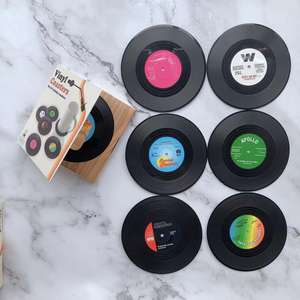 Sous-verres Ensemble de 6 sous-verres de disque vinyle rétro colorés pour boissons avec étiquettes drôles Sous-verres de table - Product Image 4