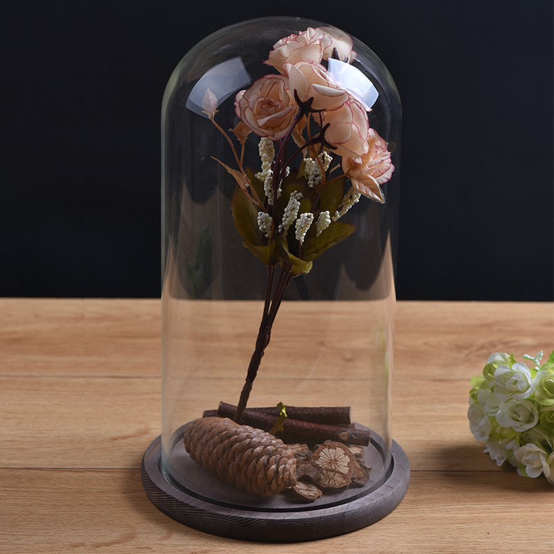 Factory Wholesale Custom Large Bell Glass Cloche Clear Glass Dome house With Wood Base for flower preserved