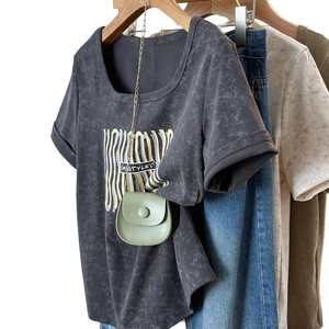 Camiseta de Verano para Mujer, Talla Grande, Informal, Transpirable, Ajustada, Holgada, Cuello Cuadrado, Manga Corta, Spandex/Poliéster, Antiencogimiento - Product Image 1