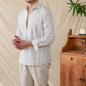 <span class=keywords><strong>Camicia</strong></span> Estiva da Uomo 100% Cotone a Righe <span class=keywords><strong>Seersucker</strong></span> Giovanile Casual Traspirante Comoda per Vacanze Maniche Lunghe - Product Image 5