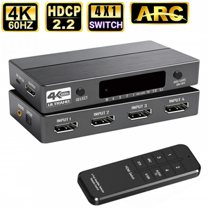 Commutateur <span class=keywords><strong>HDMI</strong></span> 2.0b 4 ports <span class=keywords><strong>4K</strong></span> 60Hz, boîtier de commutation HDMI2.0, 4 entrées 1 sortie avec sortie audio optique 3,5 mm, extracteur audio à distance, <span class=keywords><strong>ARC</strong></span> HDCP2.2 - Product Image 1