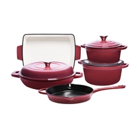 8 pièces de batterie de cuisine en fonte émaillée : Cocotte hollandaise, Moule à pain, Plaque de cuisson, Plaque de grillade, Poêle à frire