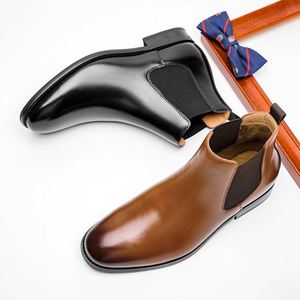 Bottines Chelsea en cuir véritable pour hommes, bout pointu, bande élastique, marron, style automne, semelle en caoutchouc - Product Image 3