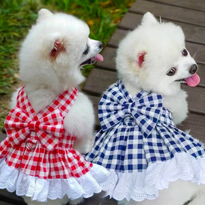 Pet Dog Plaid Dress With Bow And Lace <b>Skirt</b> For Small Breeds Like Pomeranian Bichon Frise Teddy - Product Image 1