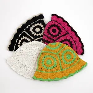 Buatan tangan berwarna-warni Floral Crochet Bucket wanita nelayan Beanie Anak perempuan rajutan Bella Crochet topi Bucket