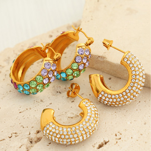 ต่างหูห่วงรูปตัว C ประดับคริสตัลสำหรับผู้หญิง ต่างหูคริสตัลแบบฝังขนาดเล็ก สวมใส่ได้ทุกวัน เครื่องประดับสีทอง - Product Image 1