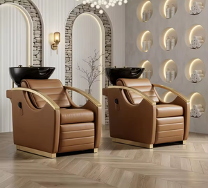 Nuevo Sillón de Lavado Profesional para Salón de Belleza, Silla de Champú Eléctrica Especial para Salón, Juego de Muebles de Salón en Cuero Marrón y Dorado - Product Image 1