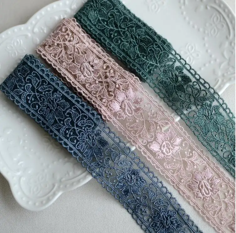 DIY Dress Curtain Accessories 4cm Width 2 Meters Vintage Style Luxury Green Pink Blue Embroidery Lace Trim Lace