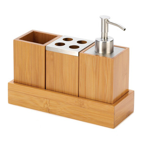 Conjunto de acessórios para banheiro, conjunto de 4 peças organizador com bandeja porta escova de dentes caixa de armazenamento garrafa de loção de bambu - Product Image 1
