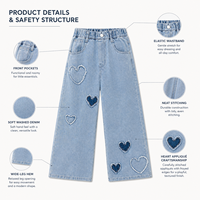 Jeans à jambes larges pour filles avec patch cœur, bleu clair délavé, taille haute, coupe ample, pantalon décontracté en denim, vente en gros B2B OEM ODM