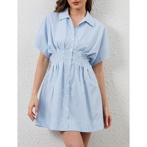 Vestido Camisero Plisado con Botones para Mujer, Manga Corta, Rayas, Mini, Casual, Uso Diario, Tejido Transpirable - Product Image 4