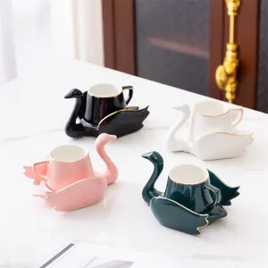 Solhui-taza de café con forma de cisne INS, platillo de cerámica elegante, tazas de té de la tarde, borde dorado, nórdico