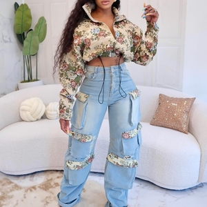 Nouvelle mode d'automne, haut court à fleurs, pantalon en jean multi-poches, ensemble décontracté 2 pièces pour femmes, tendance - Product Image 2