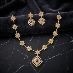 Premium Matt Finish CZ Floral Necklace <b>Set</b> with Earrings, Gold Plated Bridal Wedding Party Wear Artificial Jewellery - Product Image 3