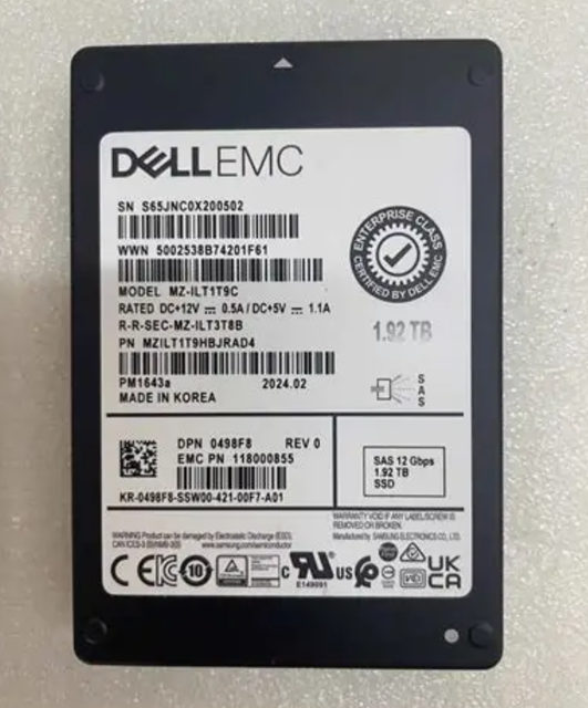1.92TB SAS 12Gbps Read Intensive 2.5in SSD 498F8 0498F8  MZILT1T9HBJRAD4 PM1643a