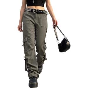 Pantalones vaqueros Cargo de pierna ancha rectos con bolsillo y solapa holgados de cintura alta para mujer XL transpirable ajuste relajado para ropa de calle Y2K moda Grunge - Product Image 2