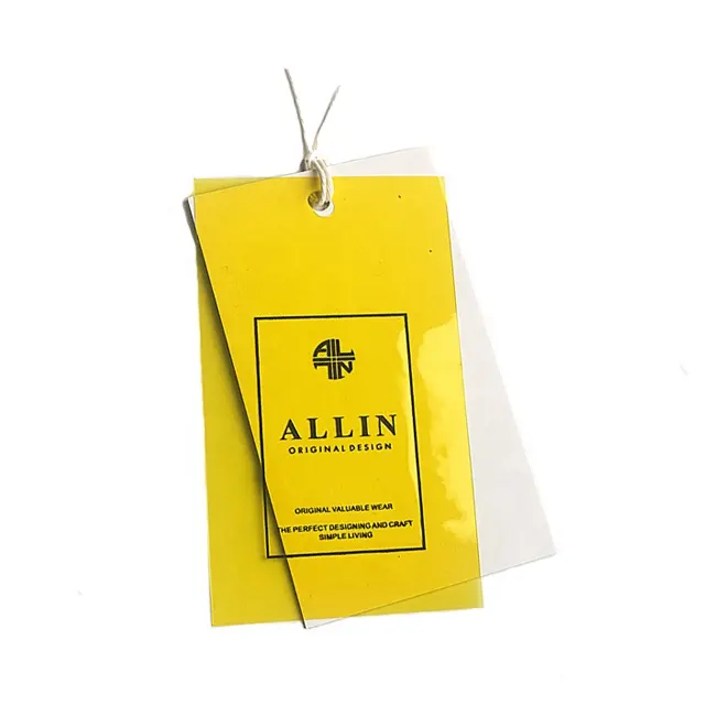 Custom printing bag kleding kledingstuk zwart geel wit plastic pvc hangtag voor jeans