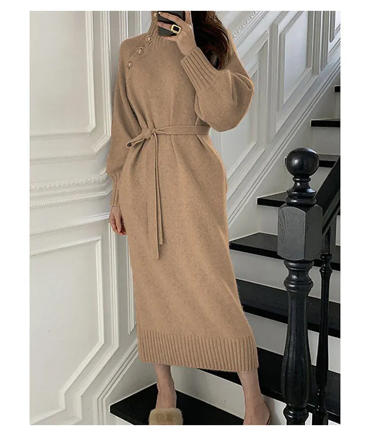 Robe pull française slim à col roulé décontractée pour femmes col boutonné élégante robe tricotée pour femmes hiver automne avec ceinture