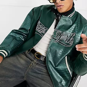Giubbotto da Bomber in pelle artificiale <span class=keywords><strong>oversize</strong></span> con Design personalizzato YUCHEN giacche da Baseball Colorblock in <span class=keywords><strong>ecopelle</strong></span> verde scuro - Product Image 3