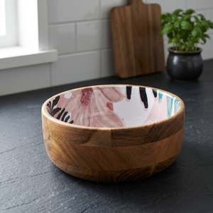 Bol à salade en bois avec doublure intérieure en céramique florale Plat de service élégant et élégant pour manger et se divertir - Product Image 1
