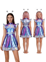 Costume futuriste métallique pour femme, robe courte brillante en une seule pièce pour cosplay, soirée fantaisie, spectacle sur scène