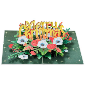 Merry Christmas 3D Pop-Up Handmade <b>Gloss</b> Varnished <b>Paper</b> Greeting Card with Floral Design for Holiday Celebration - Product Image 1
