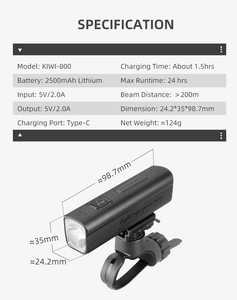 KIWI-800 超亮 LED 自行车头灯 2500mAh 800lm IPX6 防水 5 种模式 200m+ 照明距离 自行车车把安装支架 - Product Image 5
