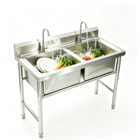 Wastafel Cuci Piring Komersial Stainless Steel 2 Kompartemen Bak Ganda dengan Keran dan Backsplash untuk Restoran