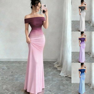 Nouvelle Robe Longue Dégradée à Manches Courtes et Épaule Dénudée Coupe Trapèze avec Taille Cintrée, Collection Automne 2026 - Product Image 2