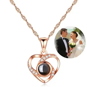 Подарок на день Святого Валентина, ожерелье из розового золота с проекцией памяти и кулоном из циркония с надписью «I Love You» на 100 языках