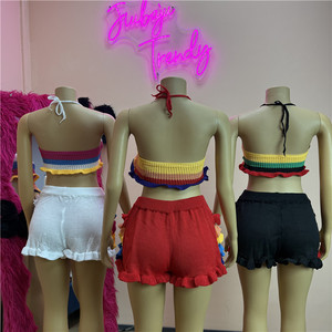 Summer New Colorful Striped <b>Knit</b> Two Piece <b>Sets</b> Women Spaetti Strap Crop Top + Ruffle Sorts Outfits - Product Image 2