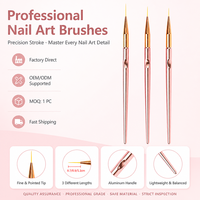 Kit de 3 pinceaux pour nail art, qualité supérieure, couleur or rose, fournitures de manucure pour des lignes fines et une décoration détaillée